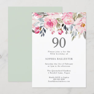 vattenfärgsblommor Elegant 90:e födelsedag Inbjudningar