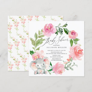 Vattenfärgsblommor Elephant Baby Shower Rosa Flowe Inbjudningar