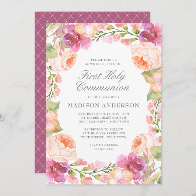 Vattenfärgsblommor, första Heligan, Rosa Inbjudningar (Fram/baksida)