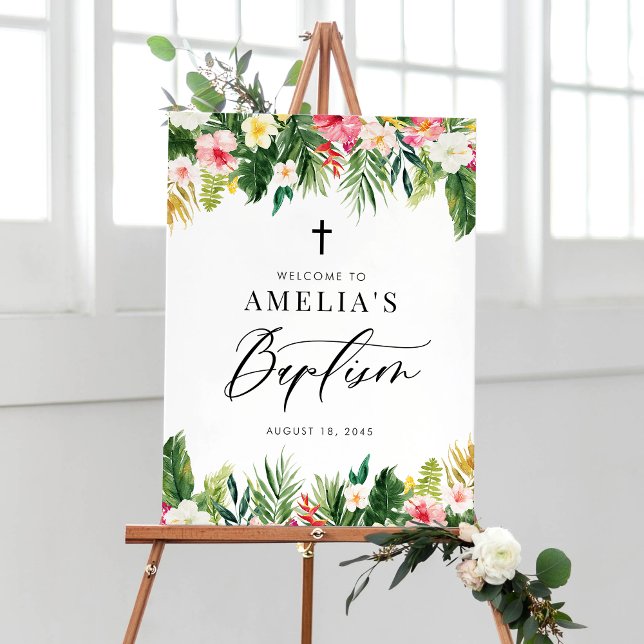 Vattenfärgsblommor Garland Tropical Baptism Poster (Watercolor Flowers Garland Tropical Baptism Welcome Sign)