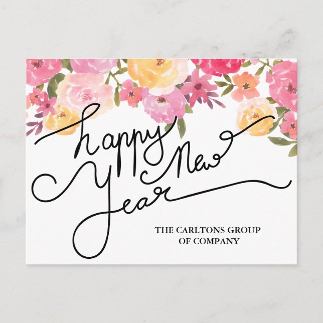 Vattenfärgsblommor Gott nytt år-typografi Helg Vykort (Framsida)