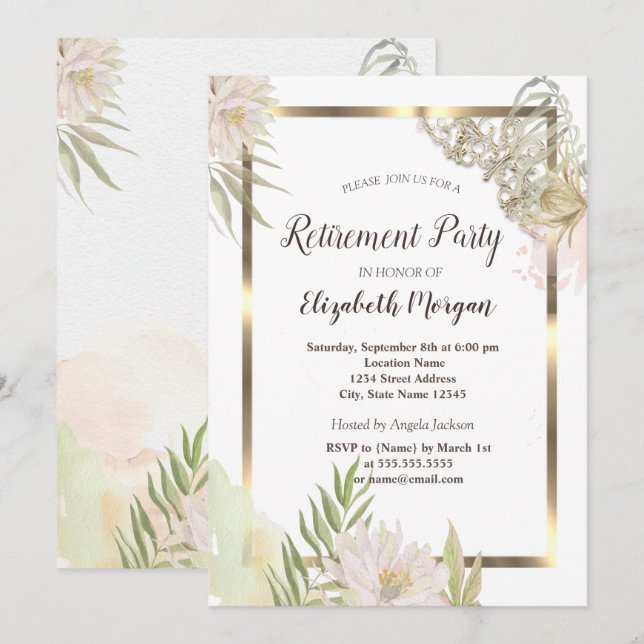 Vattenfärgsblommor Guld Ram Pension Inbjudningar (Fram/baksida)