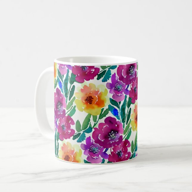 Vattenfärgsblommor, Gult Maron Kaffemugg (Framsida vänster)