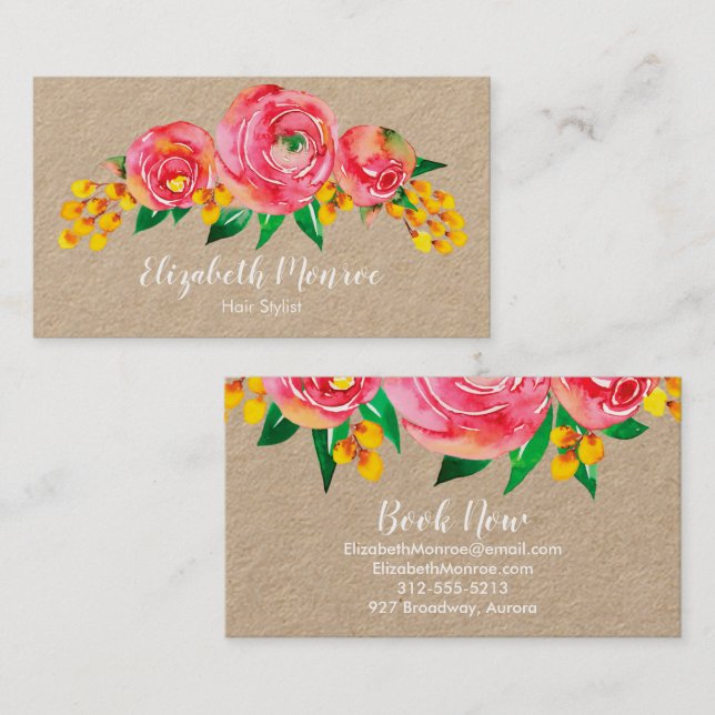 Vattenfärgsblommor Hair Stylist Salon Makeup Kraft Visitkort (Fram/baksida)