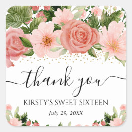 Vattenfärgsblommor i Rosa ros Sweet sixteen Fyrkantigt Klistermärke