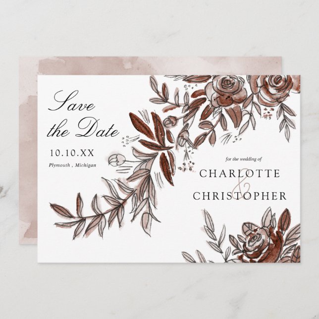  vattenfärgsblommor i rosa sparar datum inbjudningar (Fram/baksida)