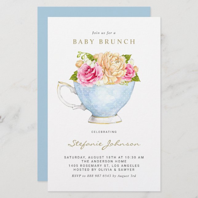 Vattenfärgsblommor i Tekopp Baby Brunch Inbjudan (Fram/baksida)