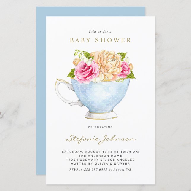 Vattenfärgsblommor i Tekopp Baby Shower (Fram/baksida)