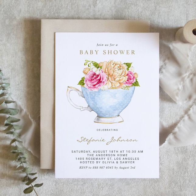 Vattenfärgsblommor i Tekopp Baby Shower Inbjudningar (Skapare uppladdad)