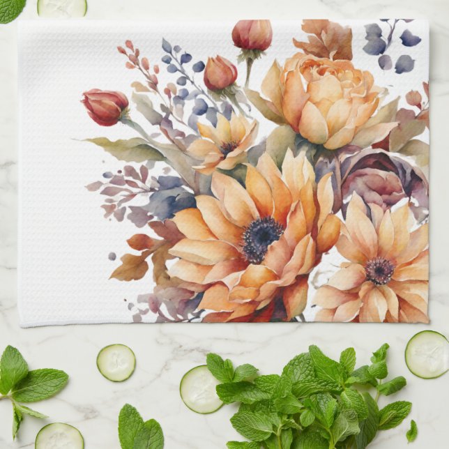 Vattenfärgsblommor- Kökshandduk (Vikta)