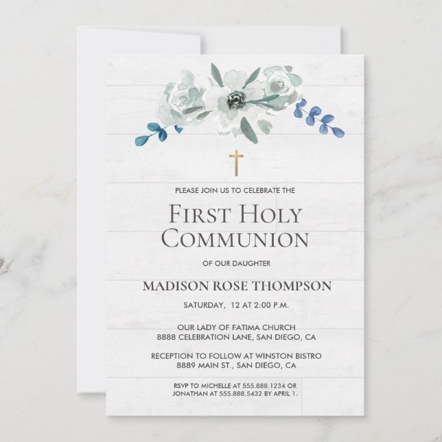 Vattenfärgsblommor Kor Digital 1st Communion Inbjudningar (Framsida)