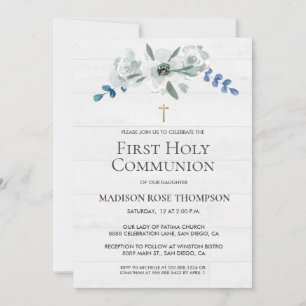 Vattenfärgsblommor Kor Digital 1st Communion Inbjudningar