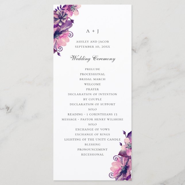 Vattenfärgsblommor, lila och rosa. Blommigt bröllo Program (Framsida)