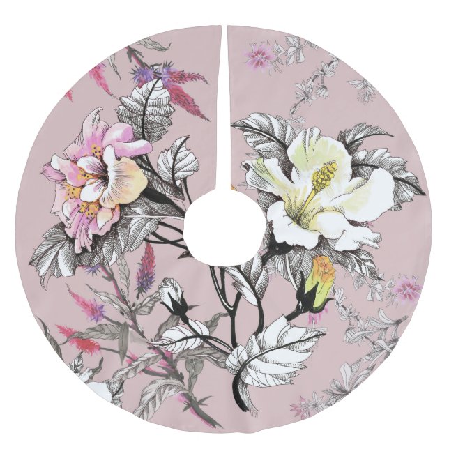 Vattenfärgsblommor Löv Flowers Rosa Mönster Julgransmatta Borstad Polyester (Framsidan)