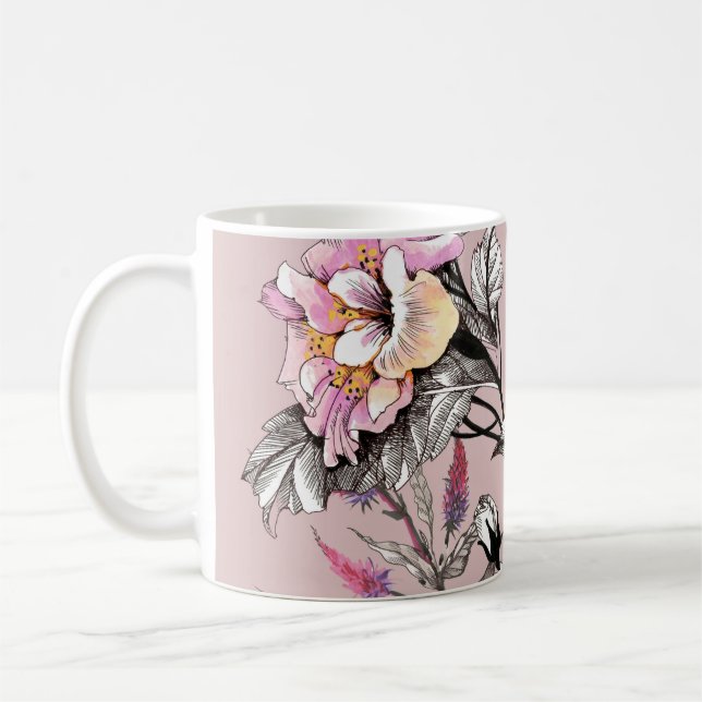 Vattenfärgsblommor Löv Flowers Rosa Mönster Kaffemugg (Vänster)