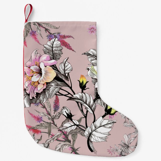 Vattenfärgsblommor Löv Flowers Rosa Mönster Liten Julstrumpa (Framsidan)