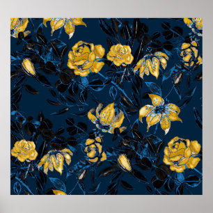 Vattenfärgsblommor Löv: Vintage Mönster Poster