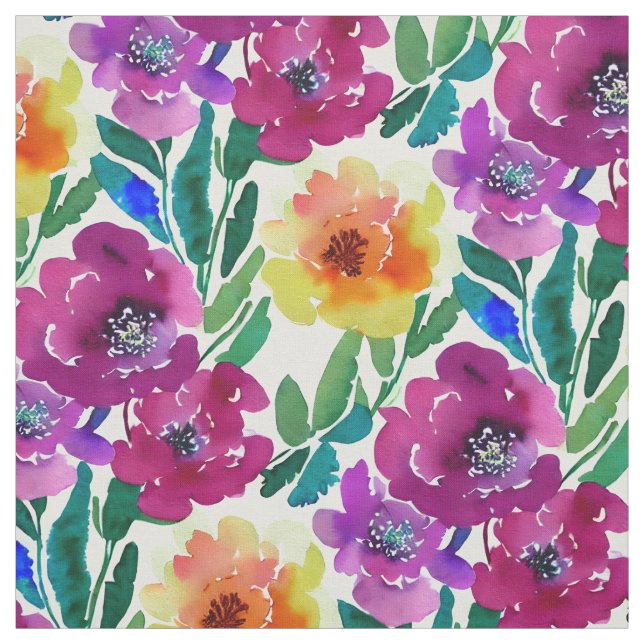 Vattenfärgsblommor Maron och Gult Tyg (Provkarta)