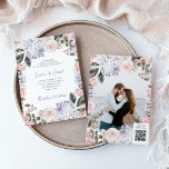 Vattenfärgsblommor med foto- och QR-kod Bröllop Inbjudningar<br><div class="desc">Den här vackra bröllopsinbjudan har en ram av vattenfärgen vintage stil rosa och lila vattenblommor och ro, med elegantens moderna manus och klassisk text. Baksidan av inbjudan innehåller ditt foto omgivet av en annan blommigt ram och en skannerbar QR-kod så att dina gäster kan besöka webbplatsen för bröllop för mer...</div>
