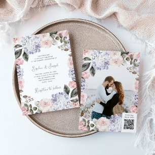 Vattenfärgsblommor med foto- och QR-kod Bröllop Inbjudningar