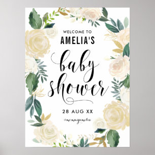 Vattenfärgsblommor med Guld Glitter Baby Shower Poster
