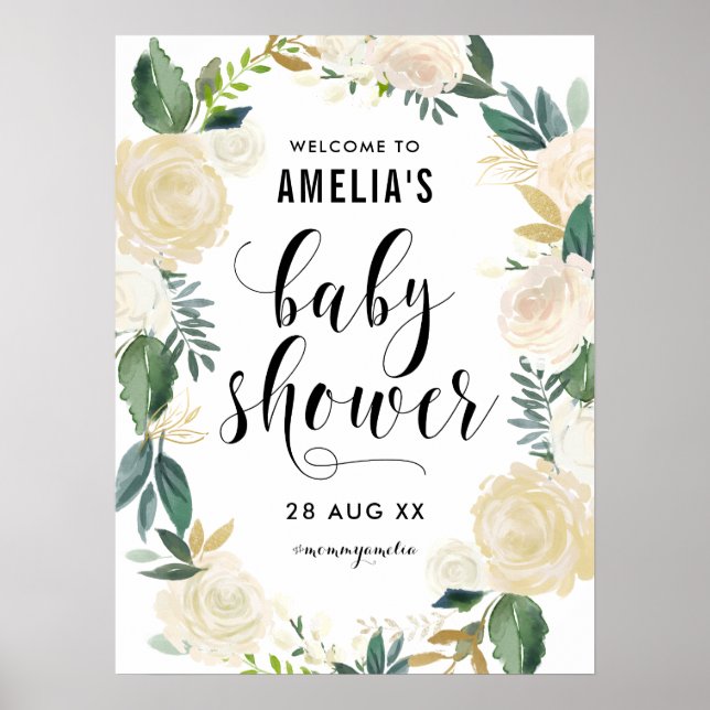 Vattenfärgsblommor med Guld Glitter Baby Shower Poster (Framsidan)