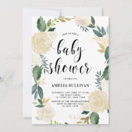 Vattenfärgsblommor med Guld Glitter Baby Showers Inbjudningar