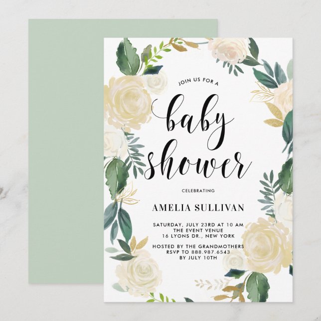 Vattenfärgsblommor med Guld Glitter Baby Showers Inbjudningar (Fram/baksida)