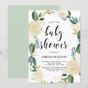 Vattenfärgsblommor med Guld Glitter Baby Showers Inbjudningar