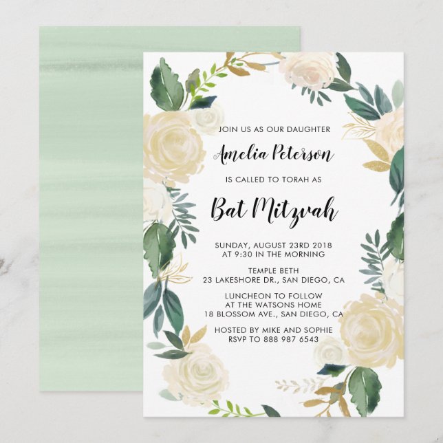 Vattenfärgsblommor med Guld Glitter Bat mitzvah Inbjudningar (Fram/baksida)