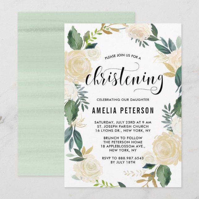 Vattenfärgsblommor med Guld Glitter Christening Inbjudningar (Fram/baksida)