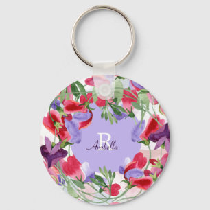 Vattenfärgsblommor med Monogram Nyckelring