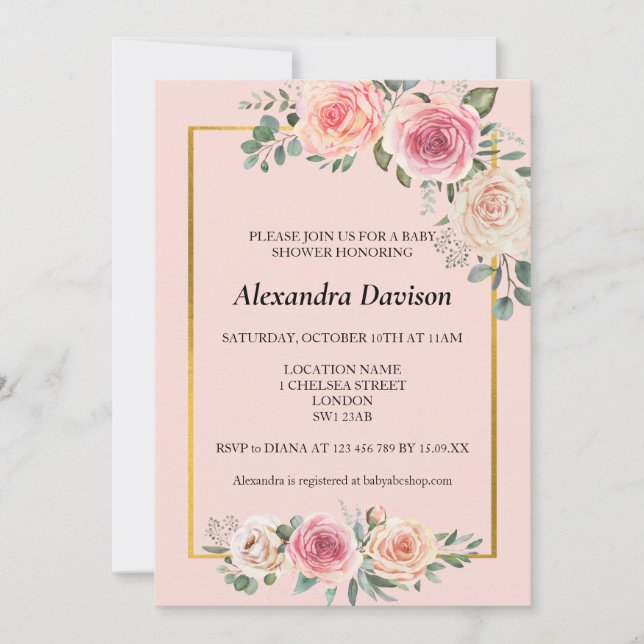 Vattenfärgsblommor med Ram Rosa Baby Shower Inbjudningar (Framsida)