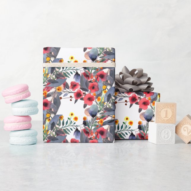 Vattenfärgsblommor med Rosa-grått-Löv Presentpapper (Baby Shower)