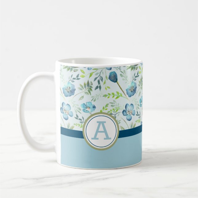 Vattenfärgsblommor, Monogram blå Grönt Kaffemugg (Vänster)