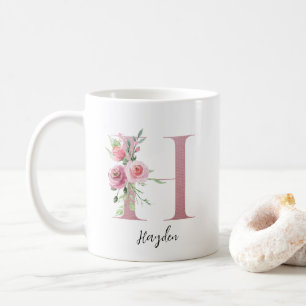 Vattenfärgsblommor Monogram Rosa H Anpassat namn Kaffemugg