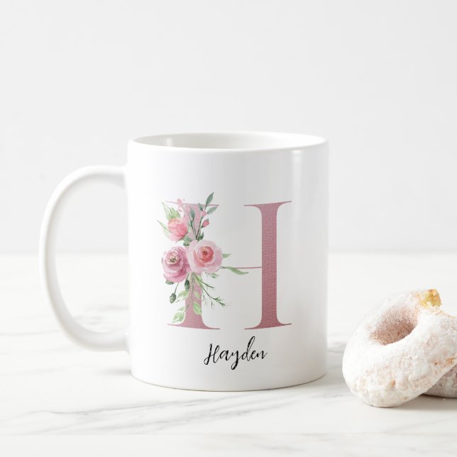 Vattenfärgsblommor Monogram Rosa H Anpassat namn Kaffemugg (Med munk)