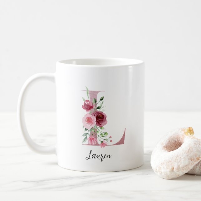Vattenfärgsblommor Monogram Rosa L Anpassat namn Kaffemugg (Med munk)