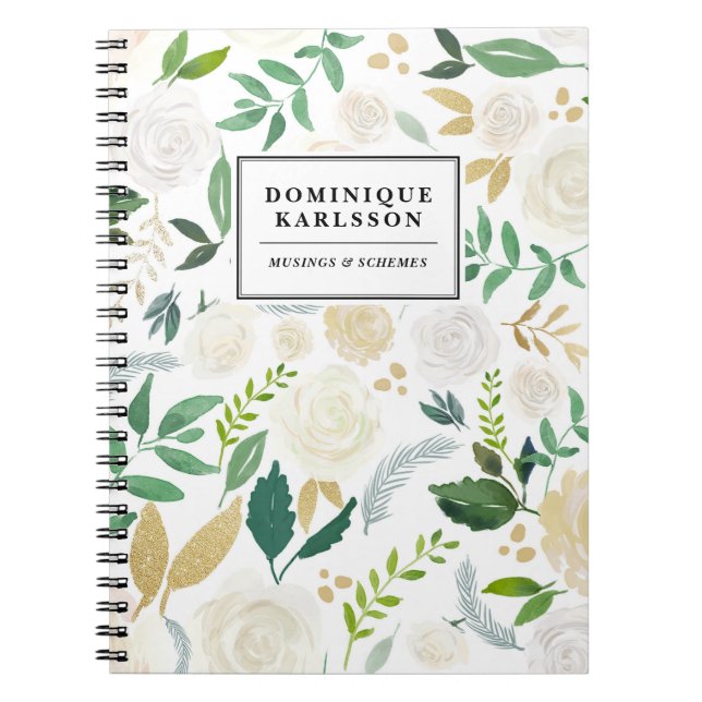 Vattenfärgsblommor Mönster med Faux Guld Glitter Anteckningsbok (Framsidan)