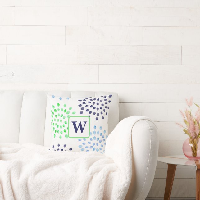 Vattenfärgsblommor Morsa Grönt Blå monogram Kudde (Soffa)