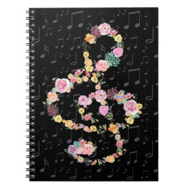 Vattenfärgsblommor musik treble cleo på svart anteckningsbok med spiral