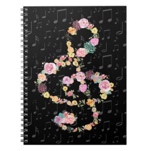 Vattenfärgsblommor musik treble cleo på svart anteckningsbok med spiral