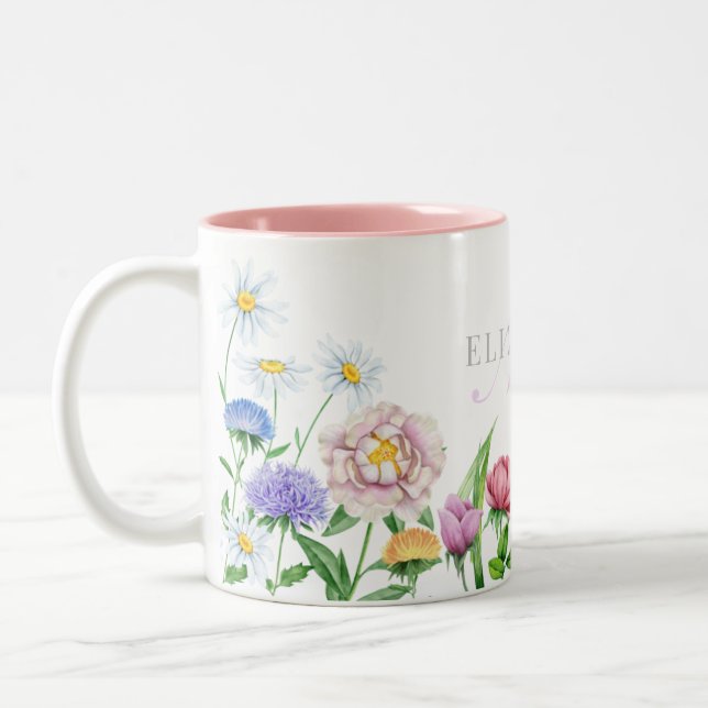 Vattenfärgsblommor Namn och monogram två ton Mugg (Vänster)
