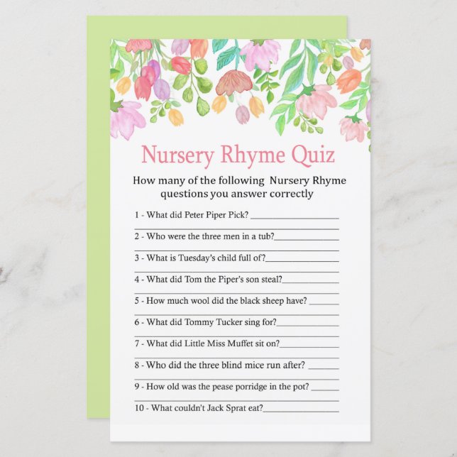 Vattenfärgsblommor Nursery Rhyme Quiz babydusch (Fram/baksida)