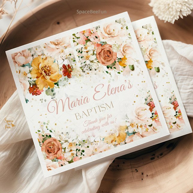 Vattenfärgsblommor och blöjor av guld religiösa pappersservett (watercolor religious napkins, gold accent napkins, floral communion napkins, baptism napkins, elegan)