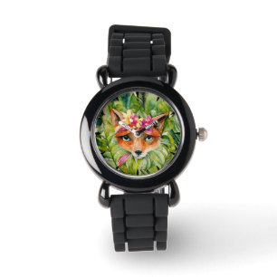 Vattenfärgsblommor och Grönt Löv Armbandsur
