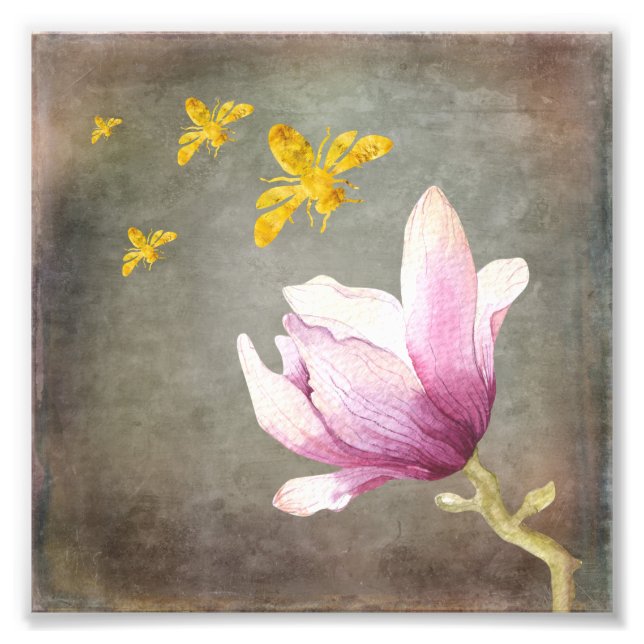 Vattenfärgsblommor och Guld-bin Fototryck (Framsidan)