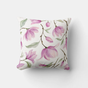 Vattenfärgsblommor och löv av rosa magnolia kudde