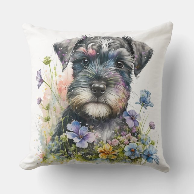 Vattenfärgsblommor och Schnauzer Puppy Kudde (Framsida)