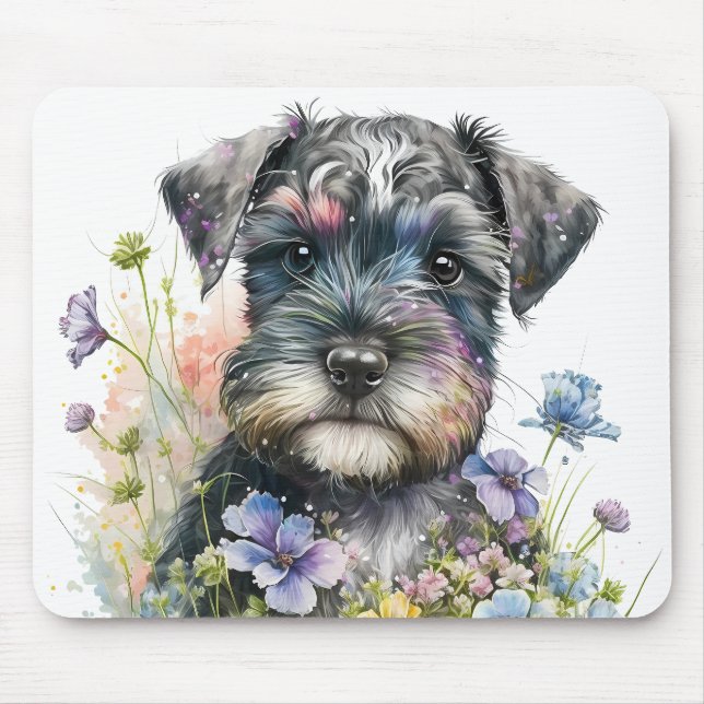 Vattenfärgsblommor och Schnauzer Puppy Musmatta (Framsidan)